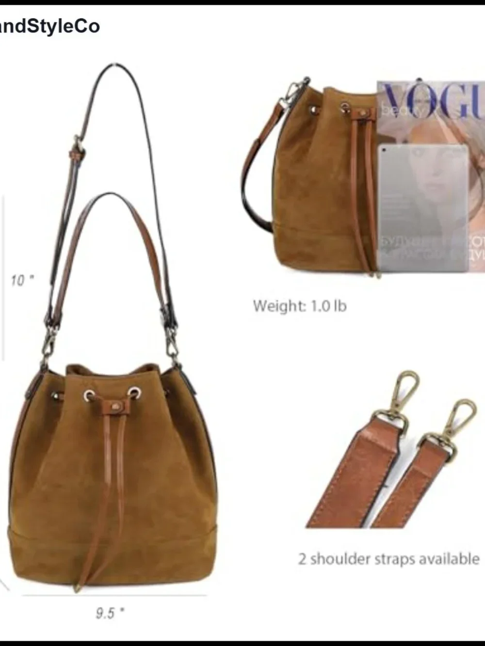 Vegan Suede Leather Bucket Bag Medium Slouchy Shoulder Purse with 2 Straps